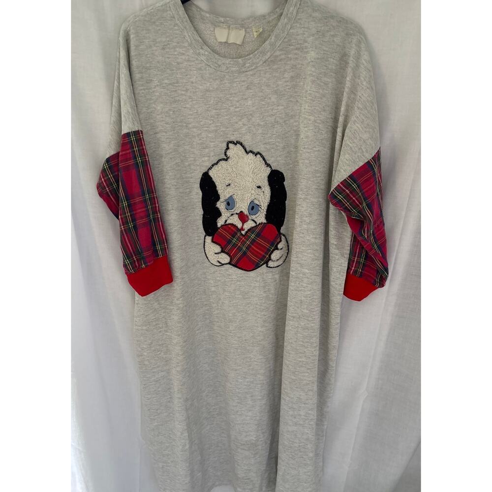 Vintage 80s 90s Graphic Nightgown Shirt Dress Sad Eye Puppy Fuzzy Applique XXX